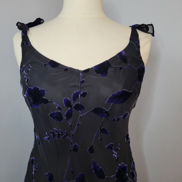 Whimsy Goth Witchy 2P Black Fairy Floral Dress Velvet Blue Flowers Evan Picone - Picture 8 of 9